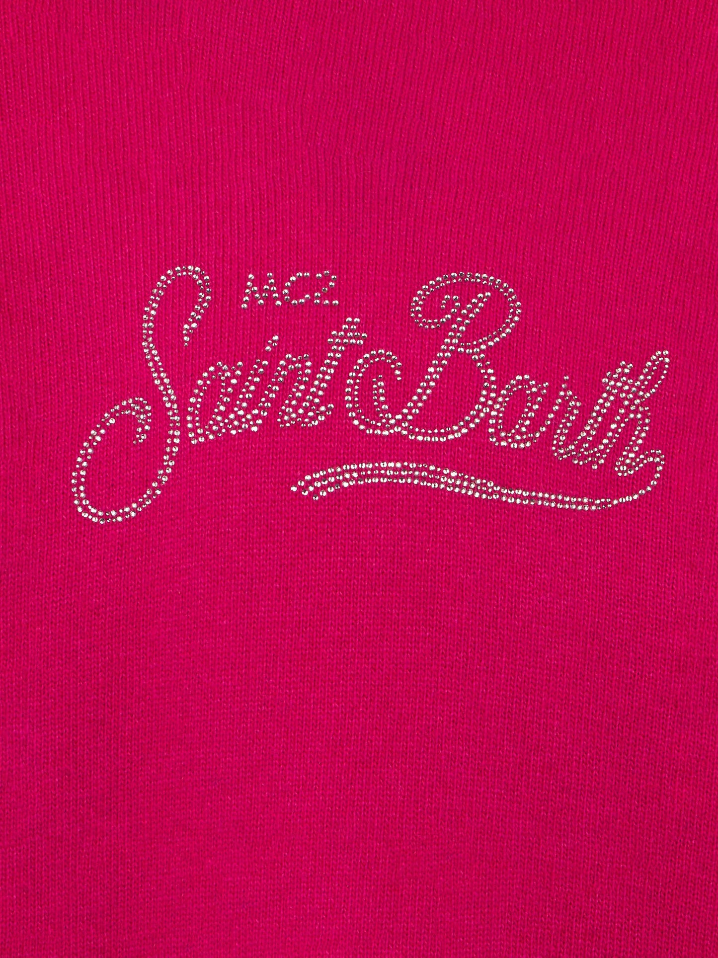 Maglione fucsia corto da bambina con cappuccio e strass