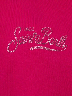 Maglione fucsia corto da bambina con cappuccio e strass