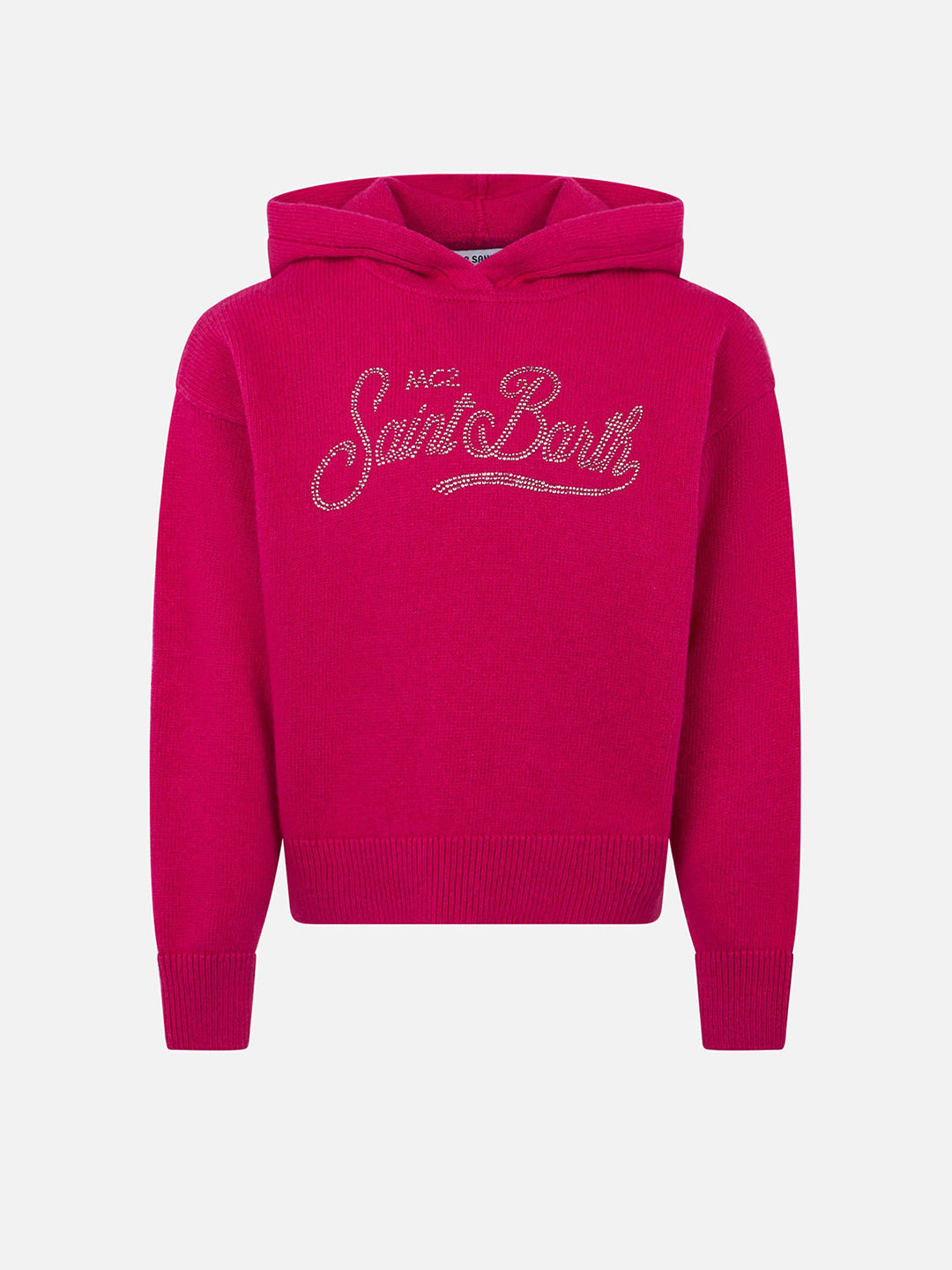 Maglione fucsia corto da bambina con cappuccio e strass