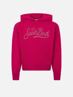 Maglione fucsia corto da bambina con cappuccio e strass