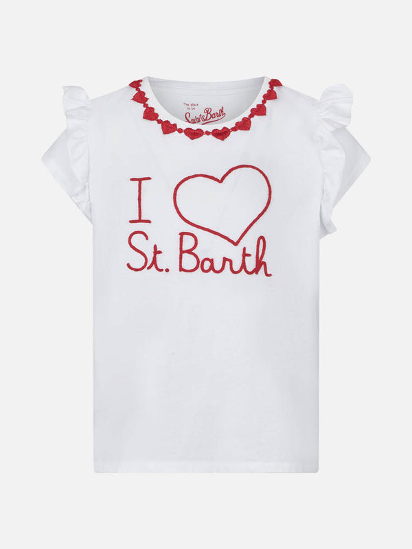 T-shirt da bambina in cotone con balza e ricamo