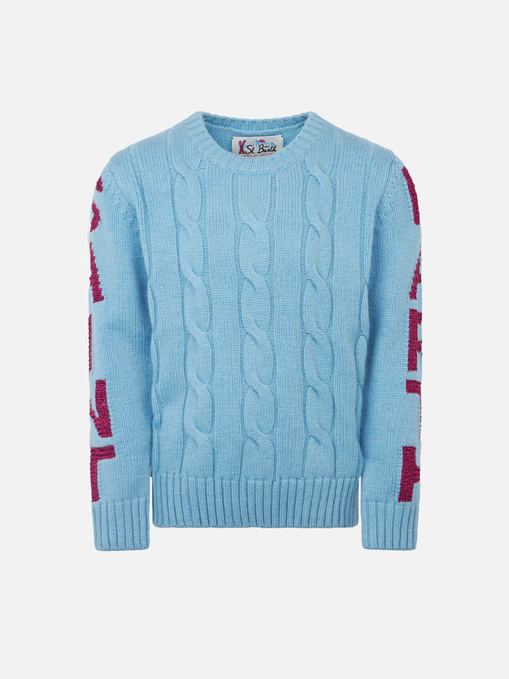 Geflochtener Mädchenpullover mit Rundhalsausschnitt und Saint-Barth-Lurex-Print