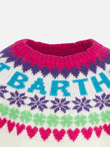 Maglia da bambina girocollo bianca con stampa cuori Fair Isle