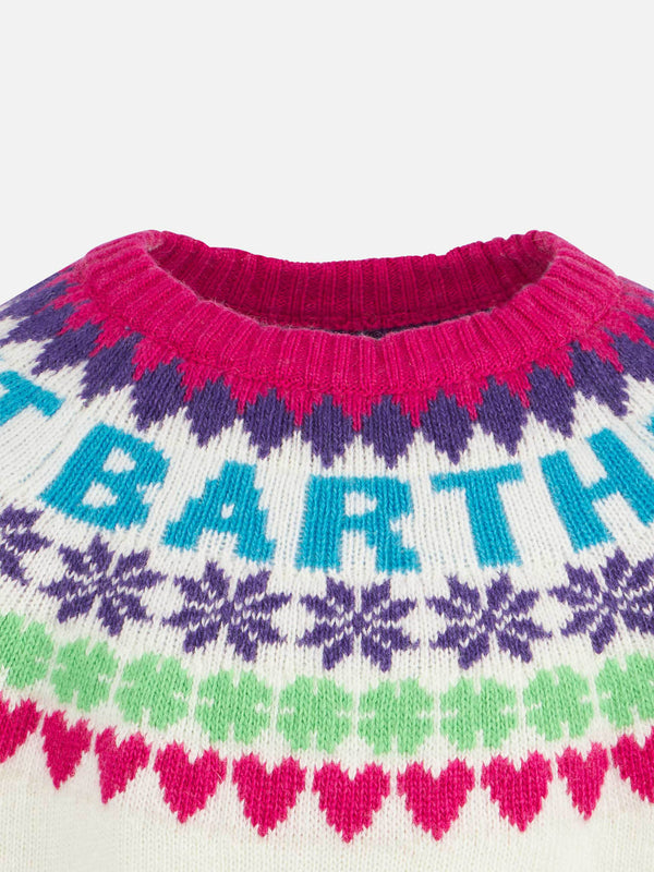 Maglia da bambina girocollo bianca con stampa cuori Fair Isle