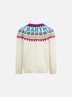 Maglione da bambina girocollo bianco con stampa cuori Fair Isle