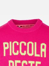 Fluo-Rosa-Pullover für Mädchen, gelbe Fluo-Piccola-Peste-Stickerei