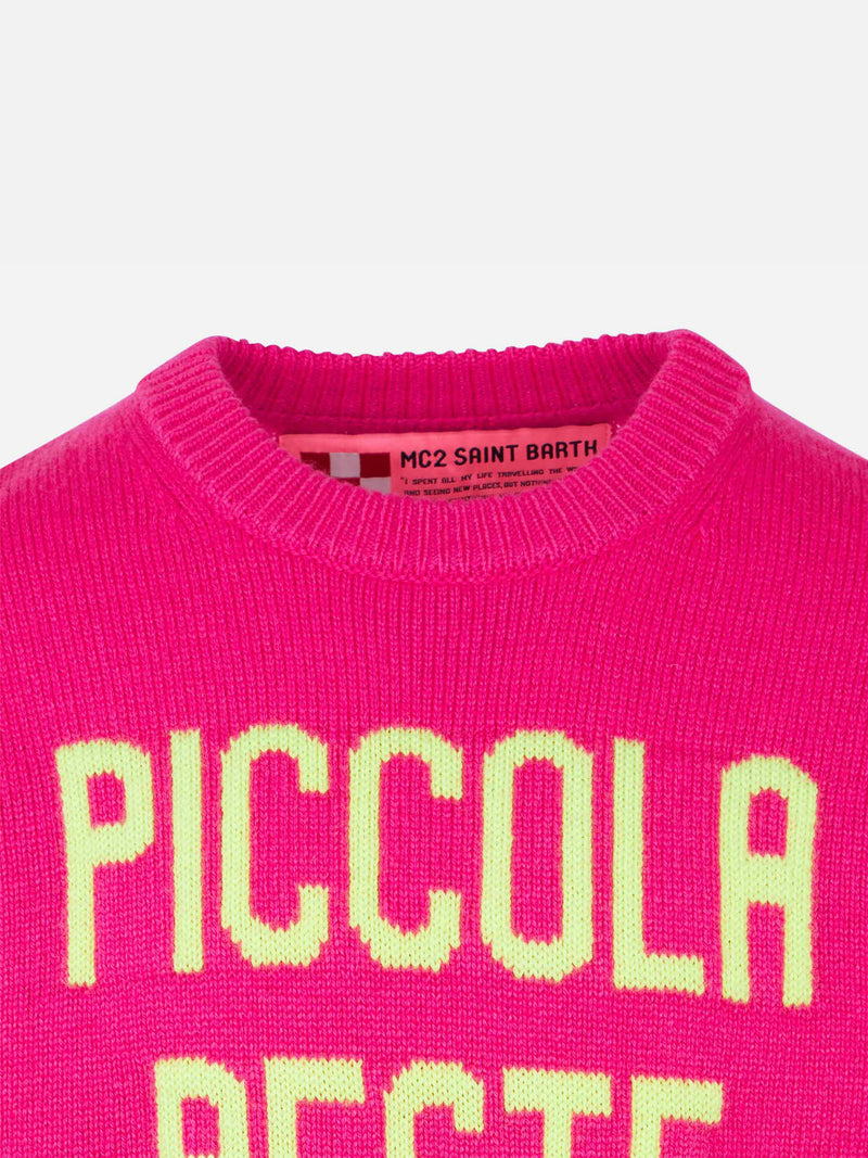 Fluo-Rosa-Pullover für Mädchen, gelbe Fluo-Piccola-Peste-Stickerei