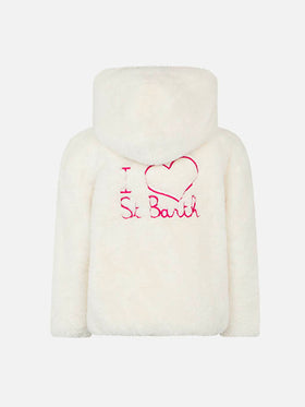 Weiße Pelzjacke für Mädchen mit „I Love St. Barth“-Stickerei