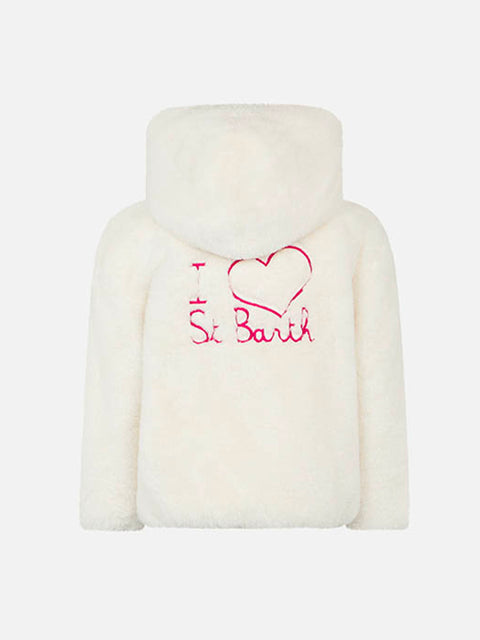 Girl furry white jacket with I Love St. Barth embroidery - MC2 Saint Barth