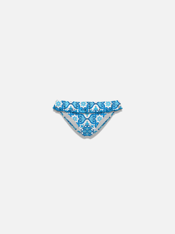 Girl ruffled swim briefs with majolica print