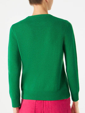 Maglione verde con ricamo Weekend j'arrive rosa fluo