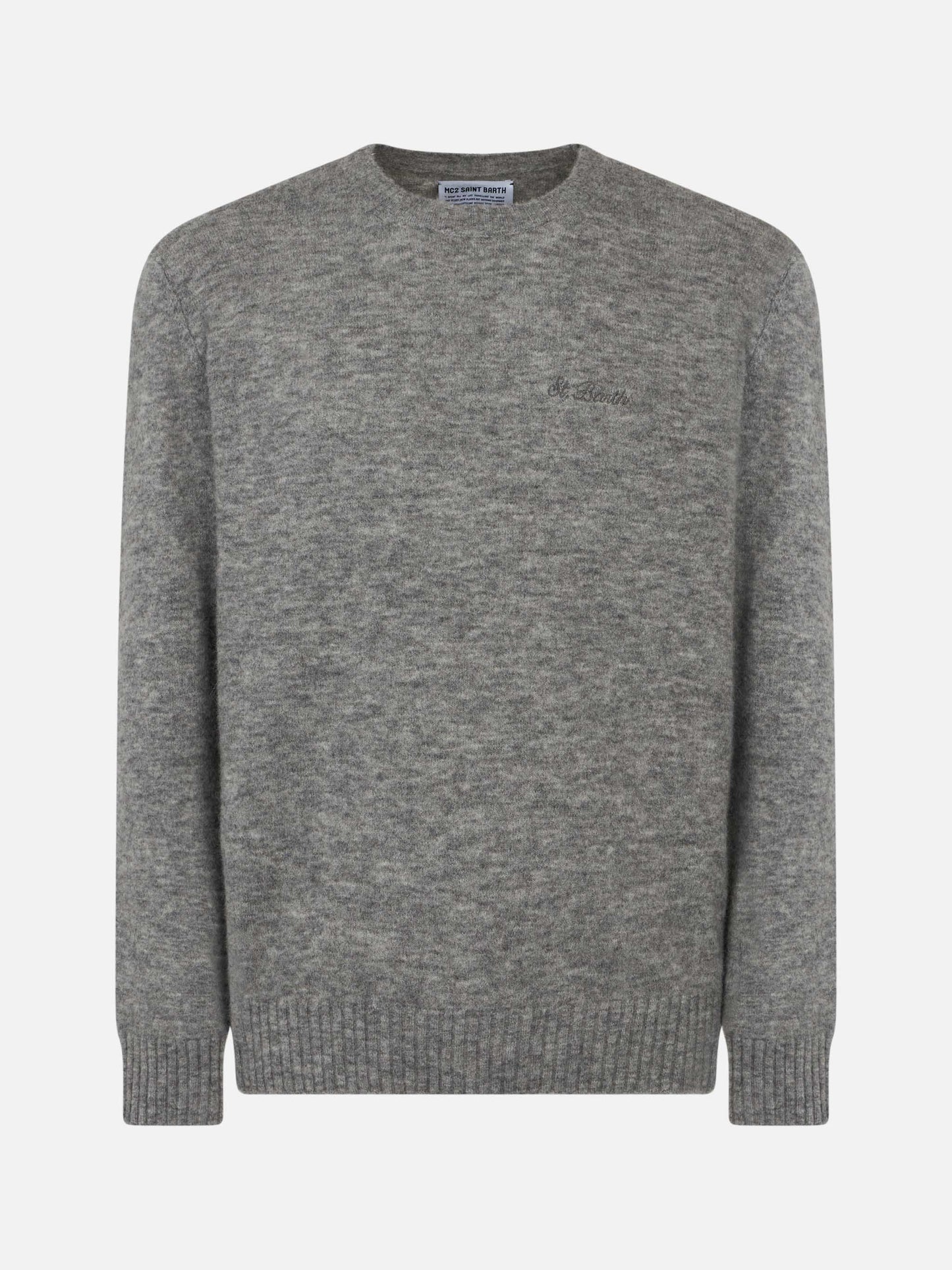 Maglione da uomo in lana stretch grigio mélange con ricamo St. Barth