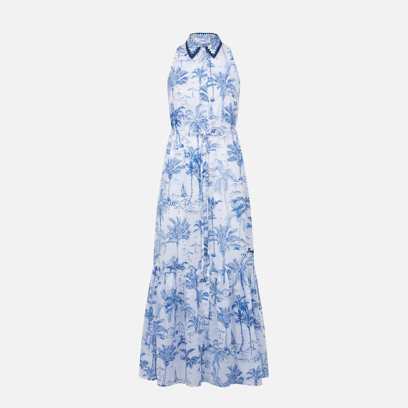 Woman halterneck dress with toile de jouy print