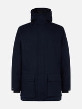 Man hooded blue parka jacket