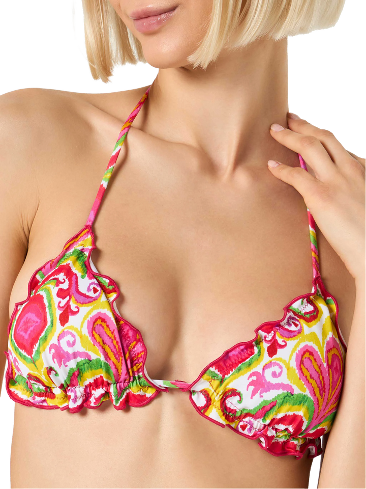 Woman triangle top swimsuit with ikat print