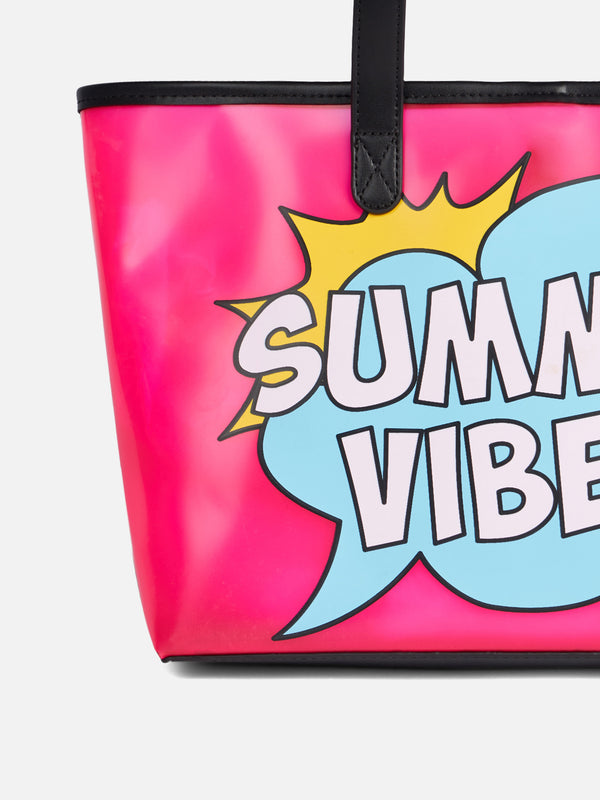 Rosa transparente PVC-Strandtasche mit Summer Vibes-Aufdruck