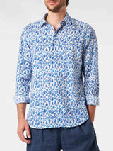 Camicia da uomo Sikelia in mussola di cotone con stampa foglie blu