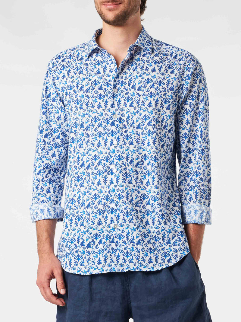 Man muslin cotton Sikelia shirt with blue leaves print