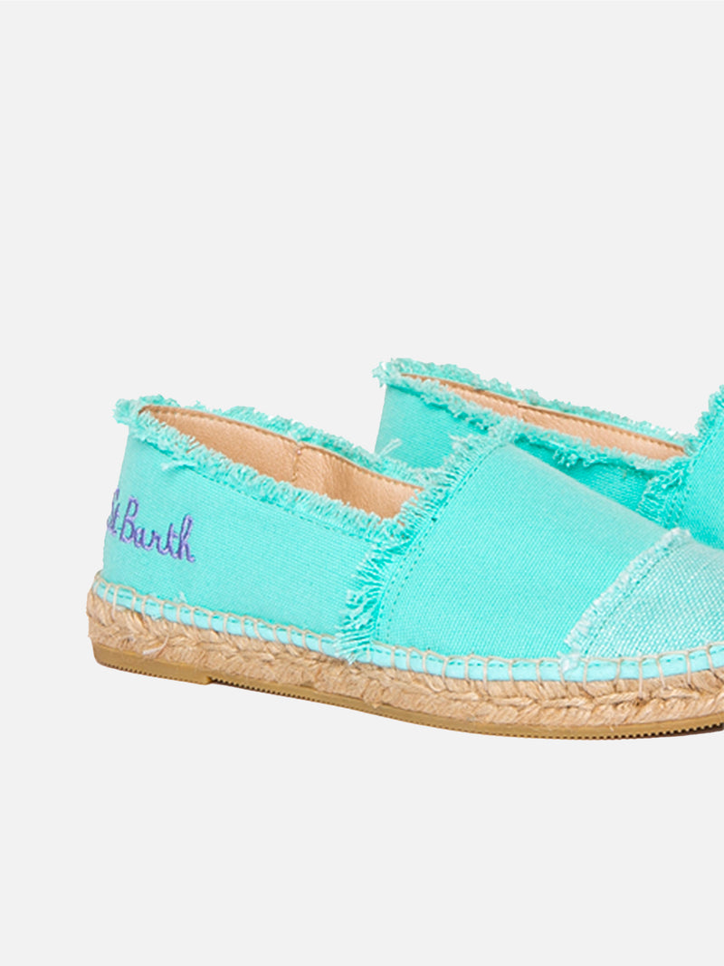 Espadrillas in tela verde acqua con ricami