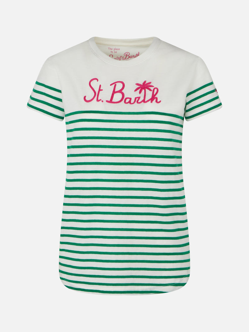 Green striped cotton t-shirt with St. Barth embroidery