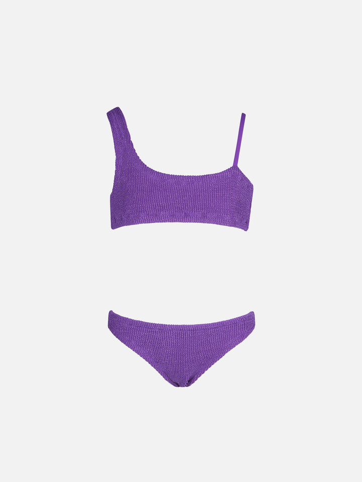 Bikini monospalla per bambina in lurex lilla crinkle