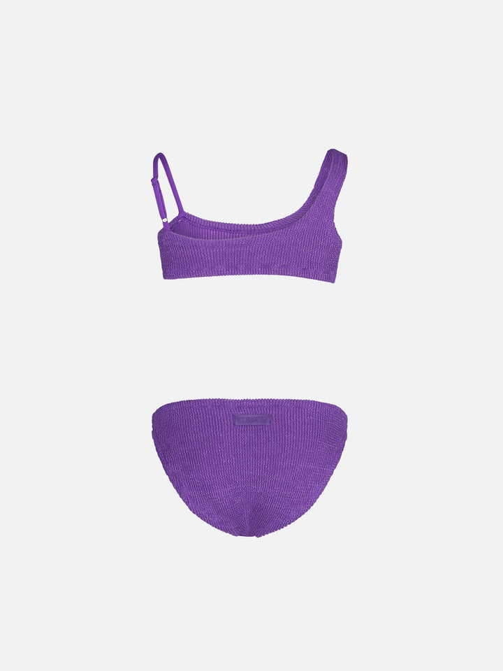Bikini monospalla per bambina in lurex lilla crinkle