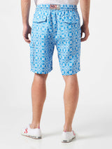 Man linen bermuda shorts with white and light blue majolica print