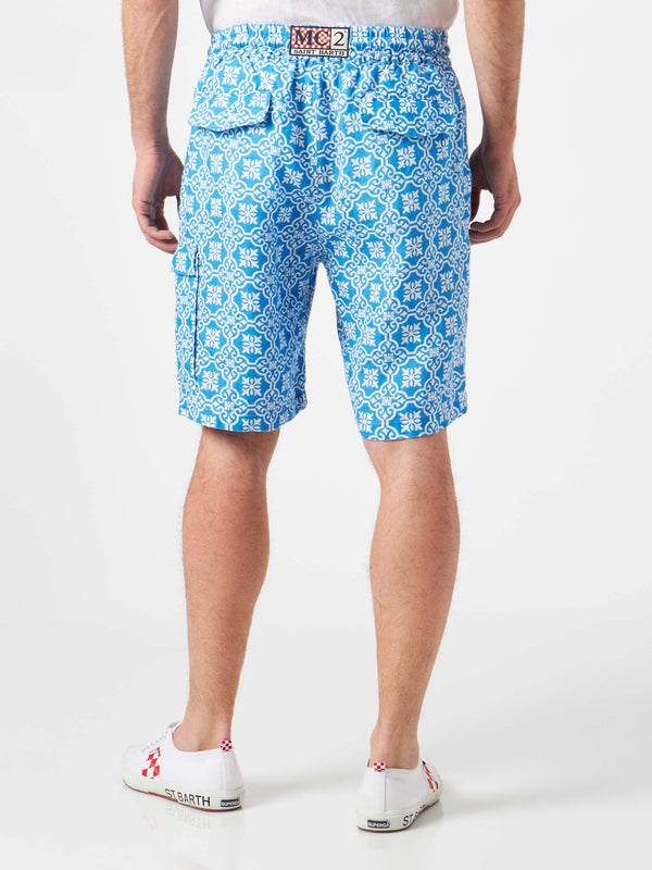 Man linen bermuda shorts with white and light blue majolica print