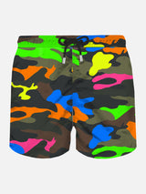 Man light fabric swim shorts with fluo camouflage print