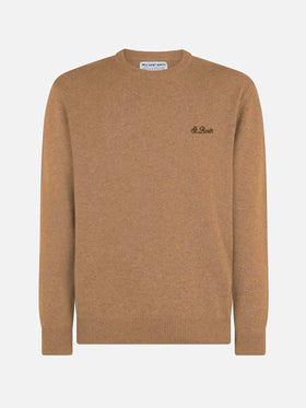 Herrenpullover aus Lammwolle in Kamelhaar mit Rundhalsausschnitt und St. Barth-Stickerei