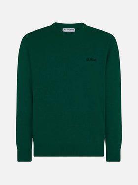 Grüner Herrenpullover mit Rundhalsausschnitt und St. Barth-Stickerei