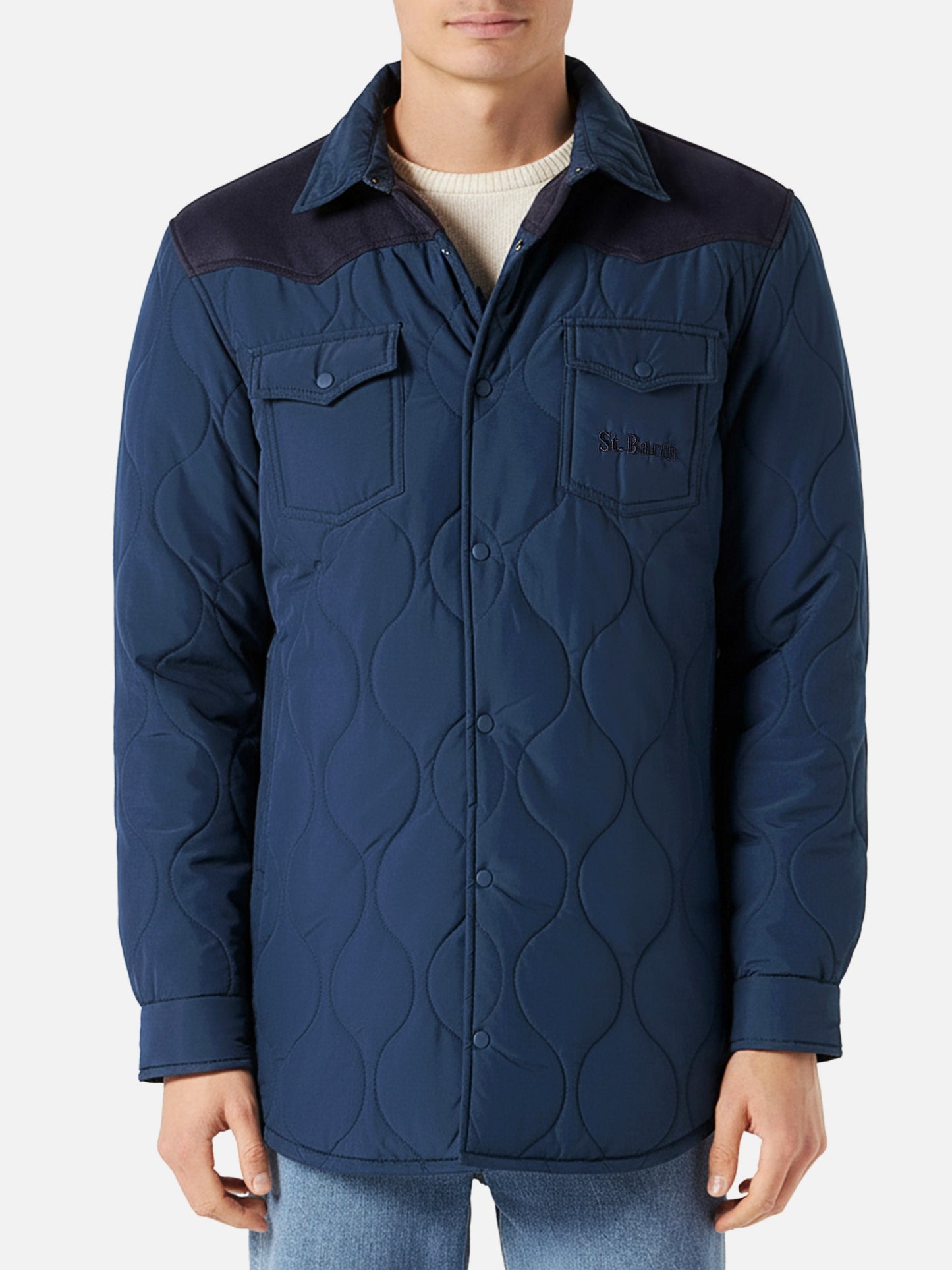 Marineblaues wattiertes Herren-Overshirt mit aufgesetzten Taschen