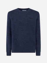 Maglione da uomo in lana stretch blu navy con ricamo St. Barth