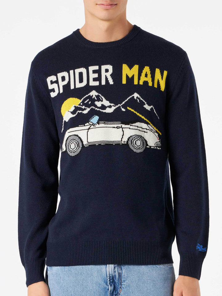 Maglione da uomo blu navy con stampa auto