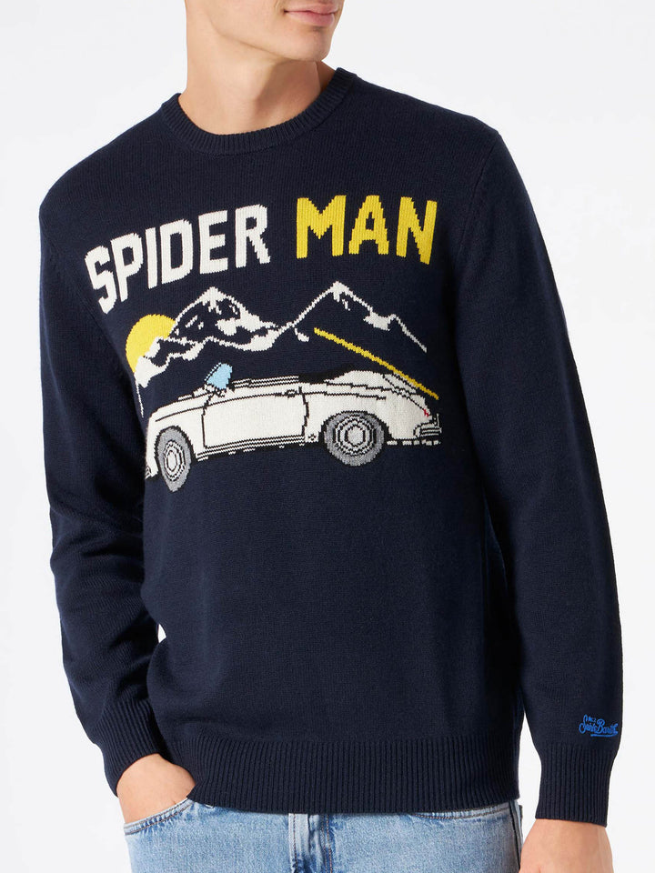 Maglione da uomo blu navy con stampa auto