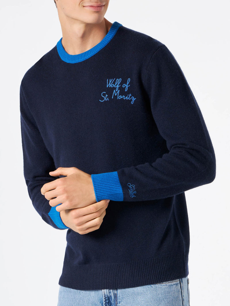 Maglione da uomo blu navy con ricamo Lupo di St. Moritz