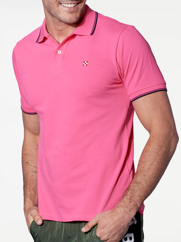 Pink fluo piquet polo with St. Barth check logo