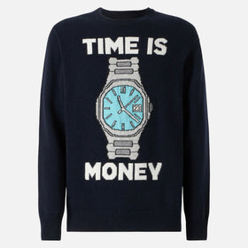 Herrenpullover mit „Time is money“-Stickerei