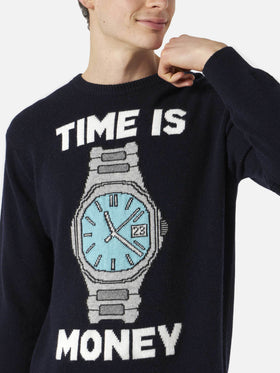 Herrenpullover mit „Time is money“-Stickerei