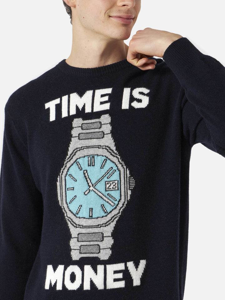 Herrenpullover mit „Time is money“-Stickerei