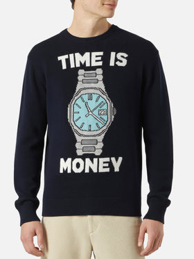 Herrenpullover mit „Time is money“-Stickerei