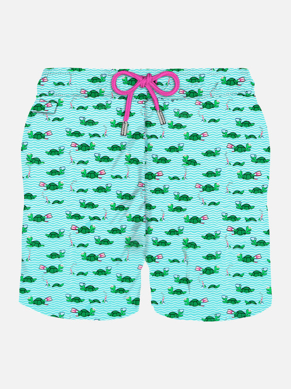 Herren-Badeshorts aus leichtem Stoff mit Schwimmer-Schildkröten-Print