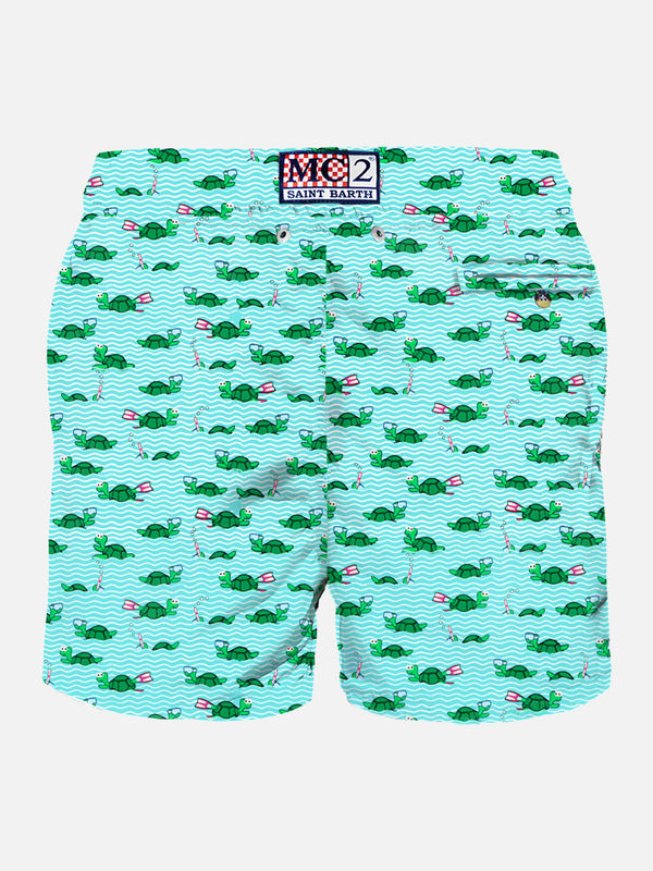 Herren-Badeshorts aus leichtem Stoff mit Schwimmer-Schildkröten-Print