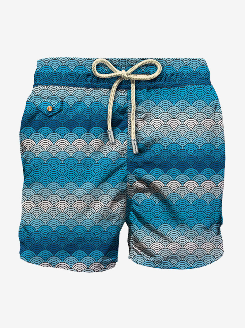 Light fabric swim shorts with optical print