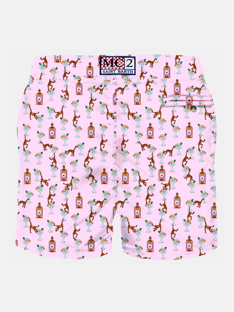 Man light fabric swim shorts with gin and monkey print