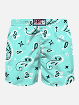 Man light fabric swim shorts with water green paisley print