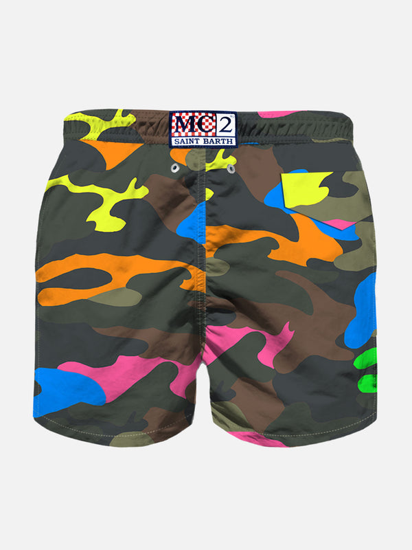 Badeshorts für Jungen mit mehrfarbigem Fluo-Camouflage-Print