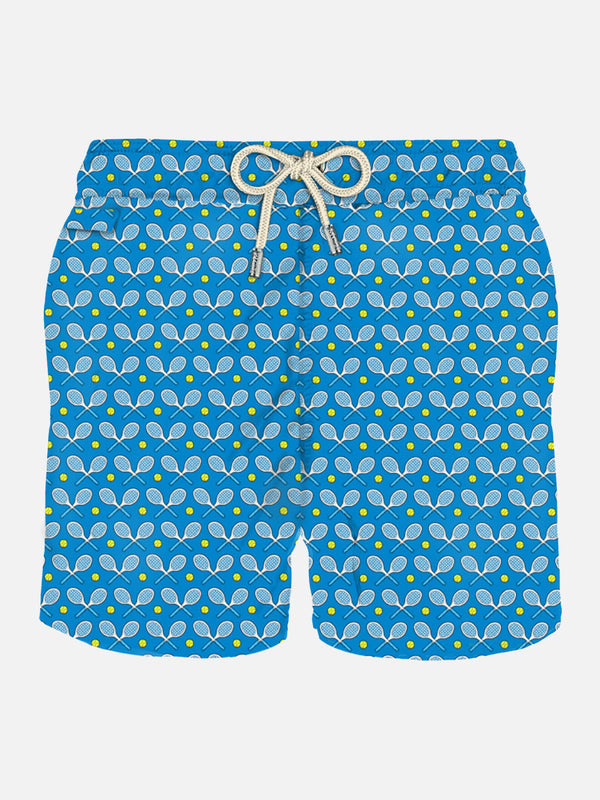 Man light fabric swim shorts with rackets print