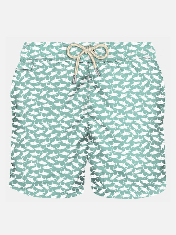 Man light fabric swim shorts with sharks print