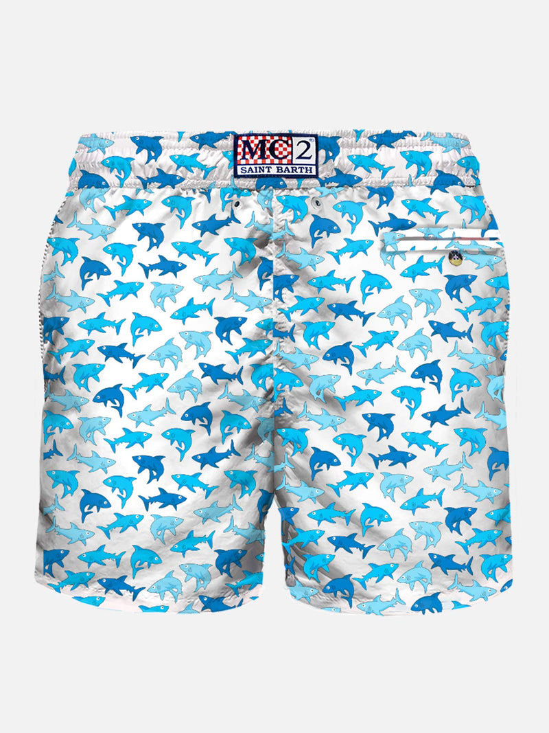 Man light fabric swim shorts with sharks print